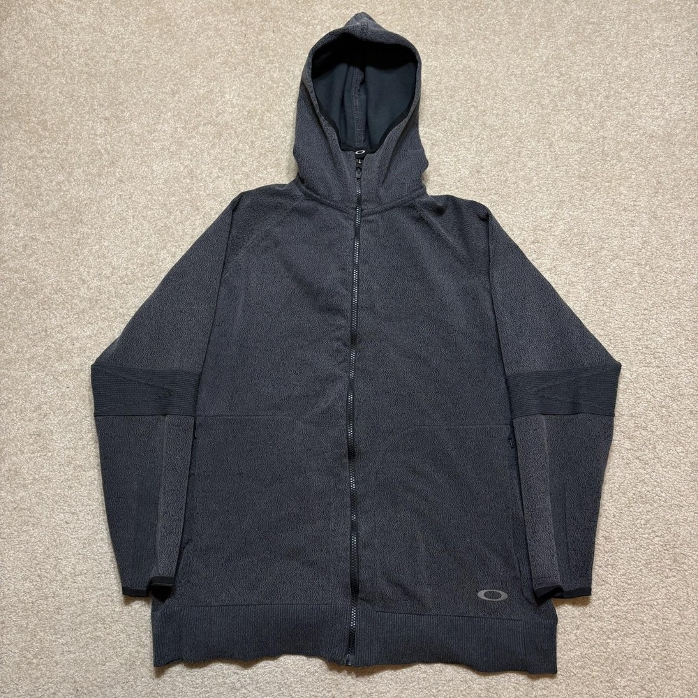 Oakley Hoodie Sweatshirt Mens Large‎ Gray Full Zip Knit Logo Canopy Tech Jacket